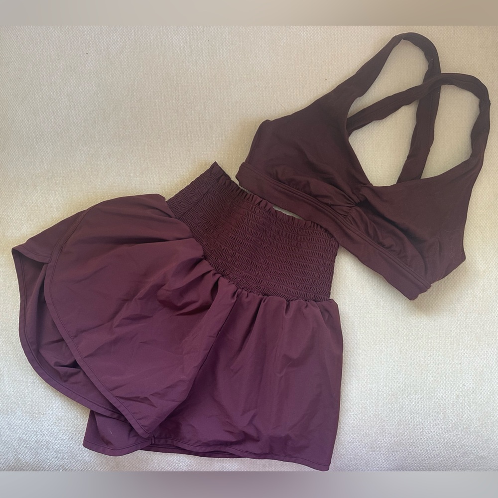 aerie smocked shorts & sports bra set — Plum